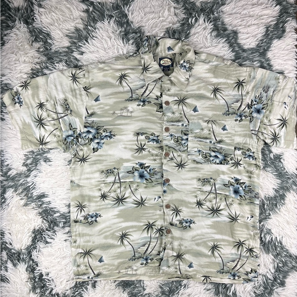 Tommy Bahama Men's Beige Palm Tree Button Up Shirt Short Sleeve Large